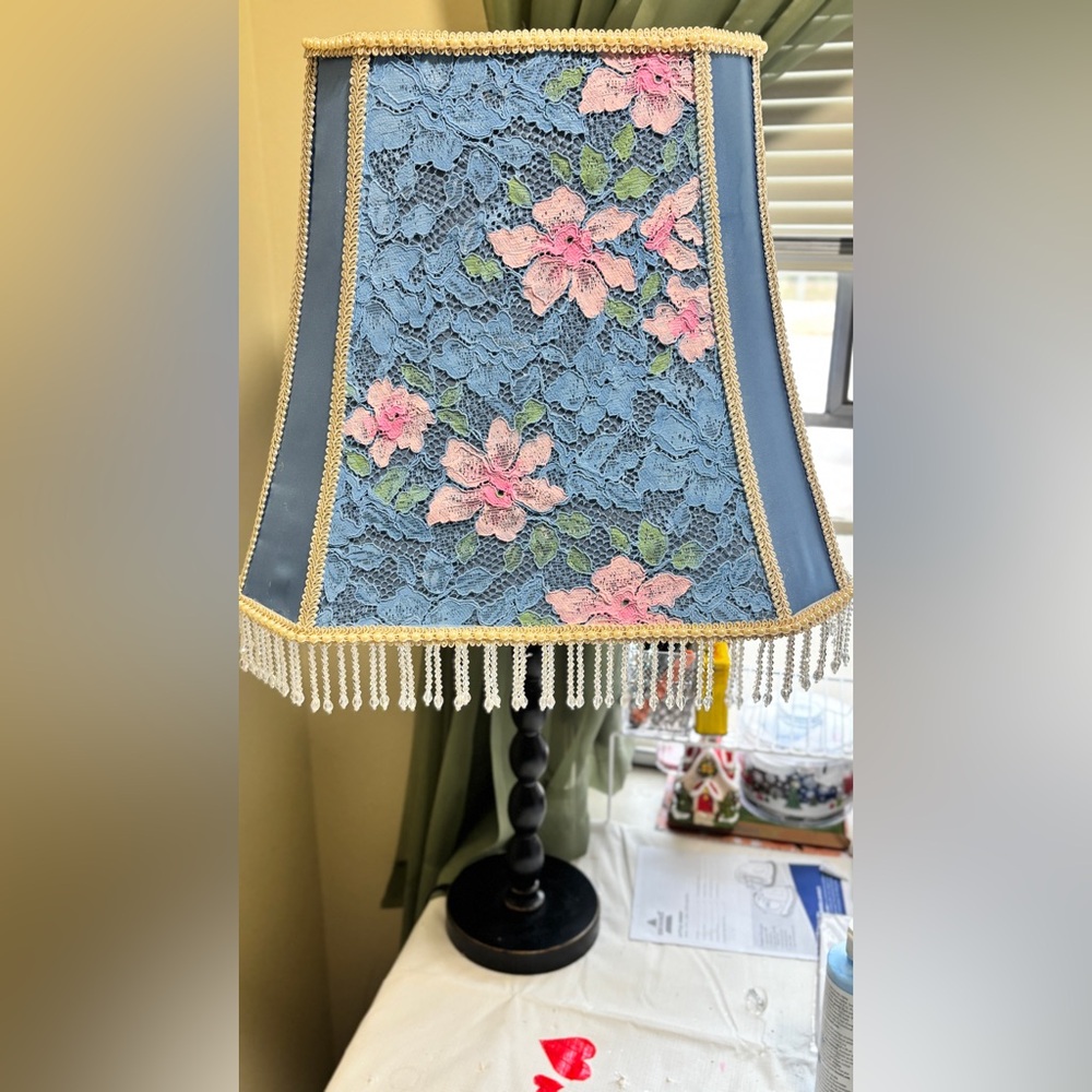 Blue Floral Lace Lampshade with Beaded Fringe